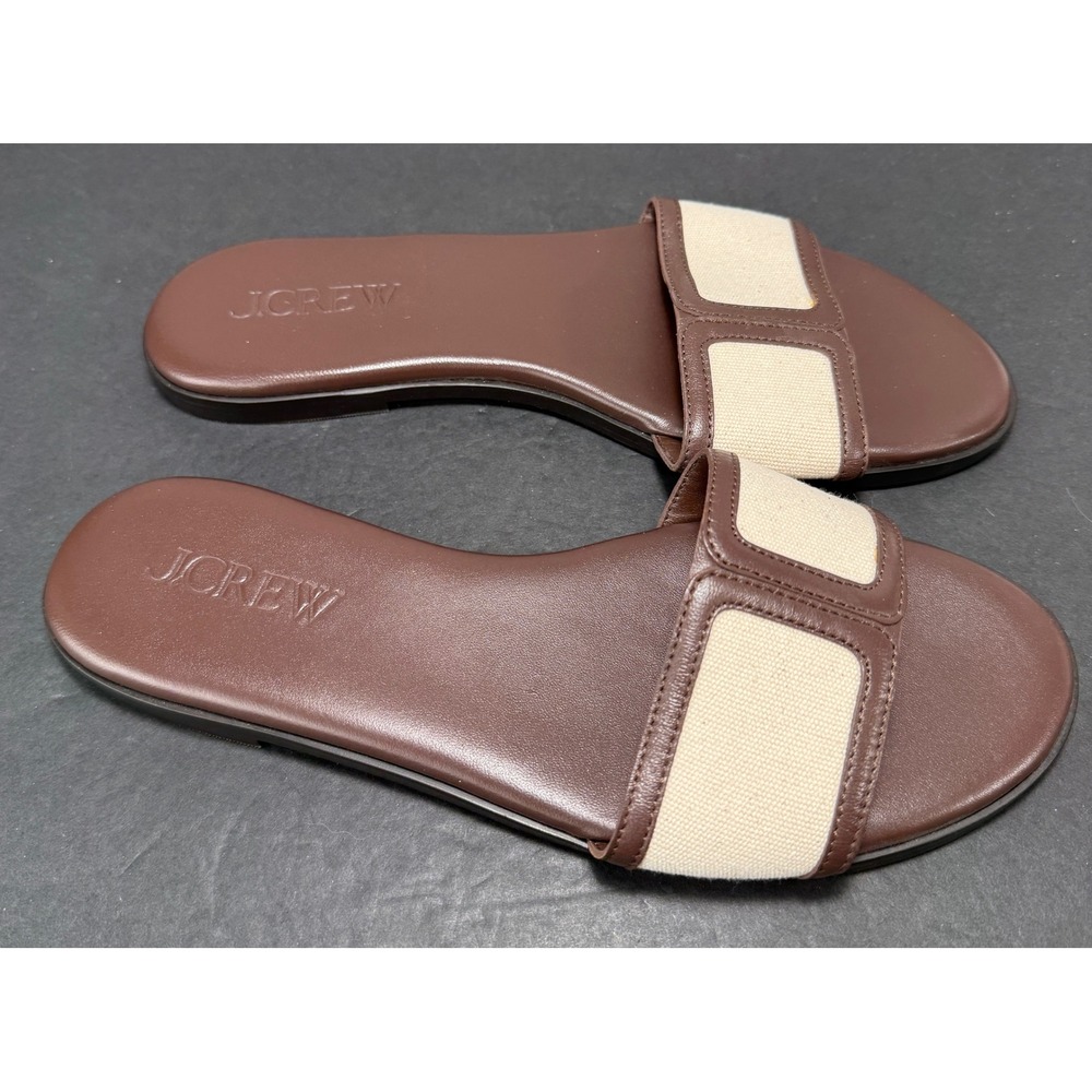 J.Crew Georgina Slide Sandals Womens 8 Brown Canvas Leather Flat Slip On CH726